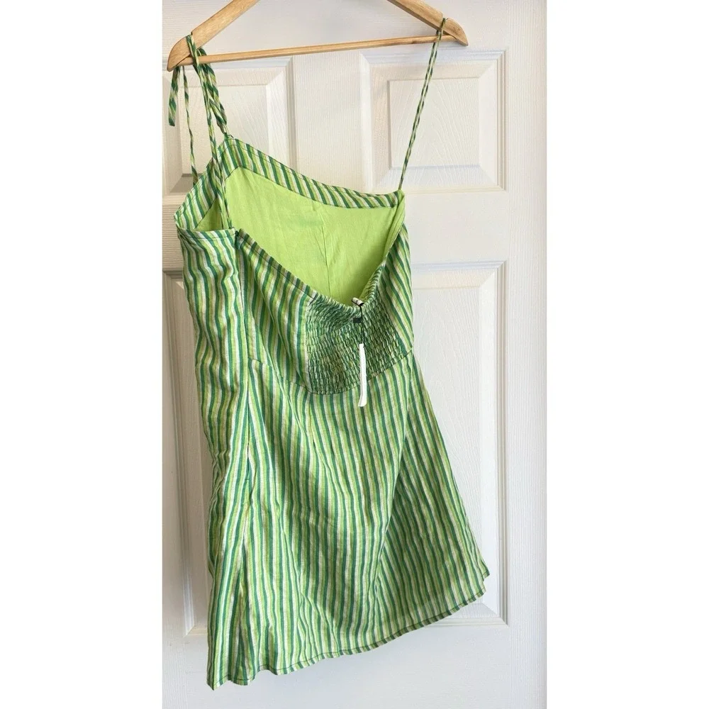 Faithfull The Brand Muthia Mini Dress Womens 8 Green Bau-Bau Stripe Tie Shoulder
